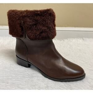 H By Halston Caroline Brown Leather Ankle Boot Faux Fur Size 7